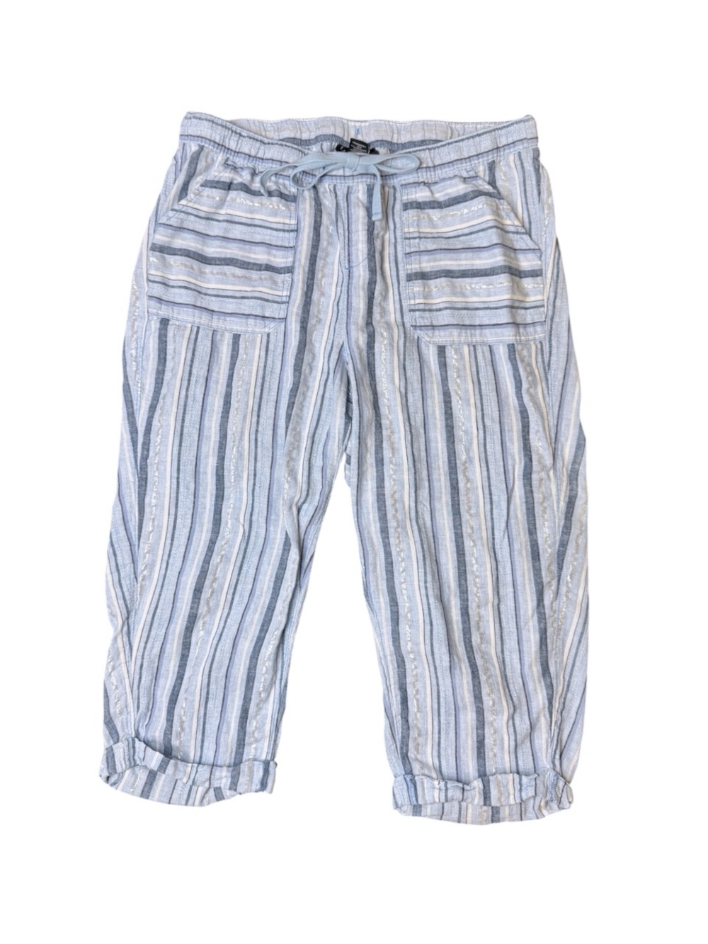 Lane Bryant Blue & White Striped Drawstring Capri Linen Blend Pants Size 14